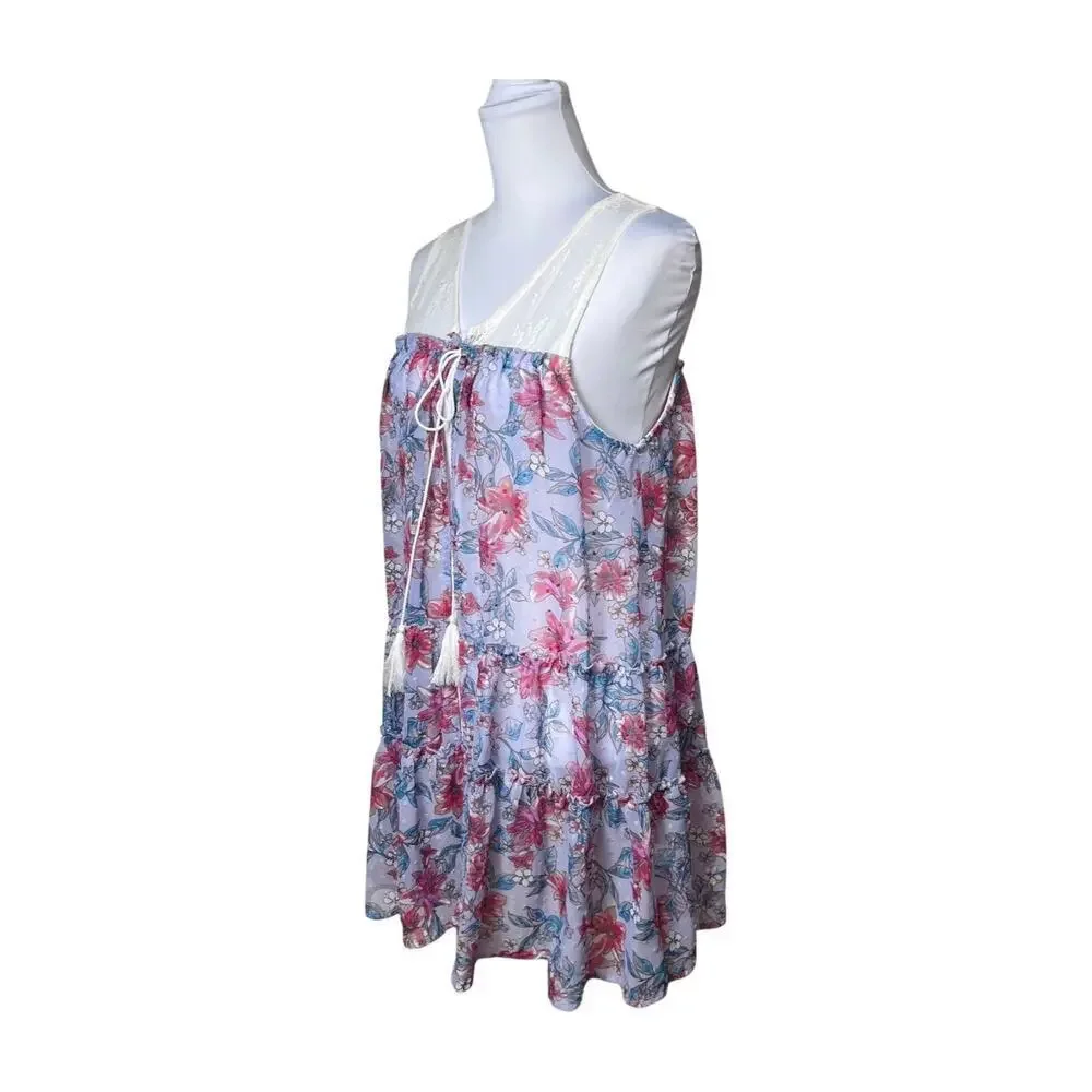 Coquette Floral Sheer Ruffle Dress Cover Up Romantic Beach Resortwear Large
